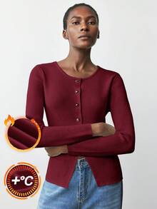 Maija 女士纯色长袖单排扣修身休闲针织开衫，适合都市通勤、商务休闲、办公室穿着、优雅装扮、圣诞节、新年派对、基础款外套、新年夜酒红色上衣、情人节外出上衣 - 酒紅色 - 查看 4