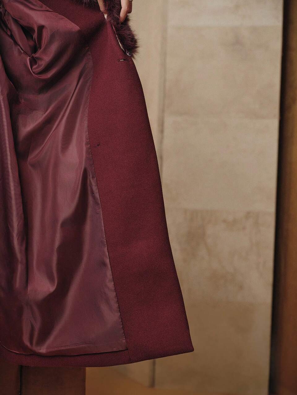 Faux Fur Collar Wool Blend Long Coat With Belt, Women