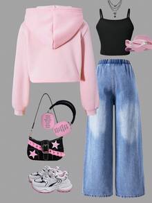 SHEIN Explorewe 3pcs Set: Tween City Name Print Cropped Hoodie, Simple Shoulder Strap Camisole, & Distressed Wide-Leg Jeans - Baby Pink - View 2