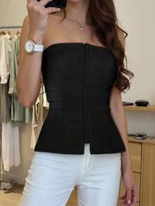 SHEIN Essnce Áo ba lỗ hở vai màu trơn khóa kéo phía trước cho nữ, mùa hè - màu đen - Xem 2