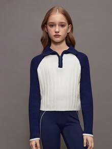 Sweater Lengan Raglan Blok Warna Kasual untuk Anak Perempuan Remaja, Musim Gugur/Dingin - Navy Blue - View 4