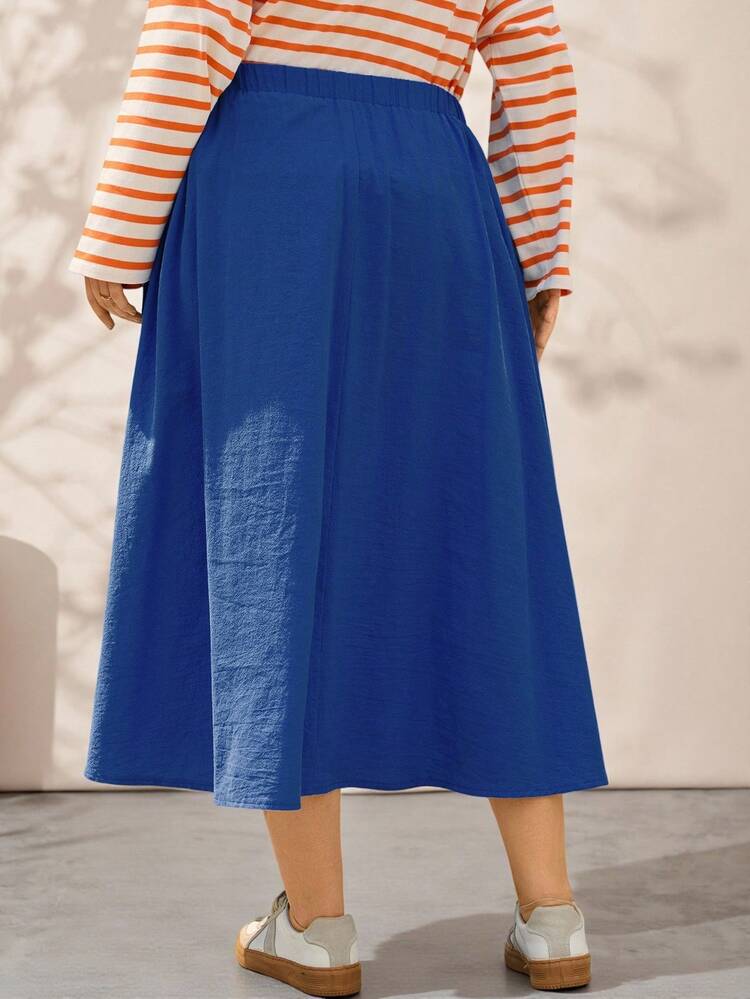 Plus Size Women  Street Fashion Casual Solid Color Royal Blue Versatile Commuter Long Skirt With Pockets,,Going Out, New,Simple And Fashionable For Everyday Wear,Breathable And Comfortable,,New Year,Spring/Summer/Vacation