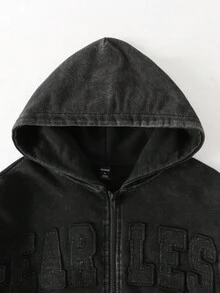 ROMWE MEN Street Life Men's Sparkling Diamond Embroidered Washed Open Sweatshirt Sweatshirt, Loose Short Style - Black - View 3