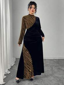 Modelyn 大码女式立领长袖丝绒拼接优雅派对连衣裙，秋冬款 - 彩色 - 查看 4