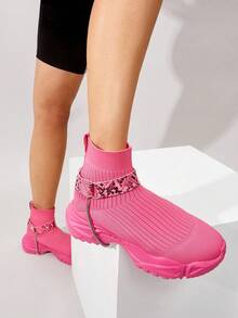 Snakeskin Print High-Top Sock Sneakers Sports Shoes Casual Shoes Tainers - Hot Pink - View 11