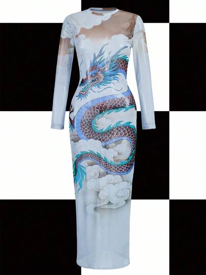 Y2Kool BiGraphic Robe pour femmes à manches longues, éléments chinois, éléments orientaux, peinture à l'encre, dragon, nuages, ciel, maille, transparent, sexy, Y2K, streetwear, décontracté, baddie, convient pour l'été, l'automne, l'hiver, les fêtes, les rassemblements, les vacances, le port quotidien