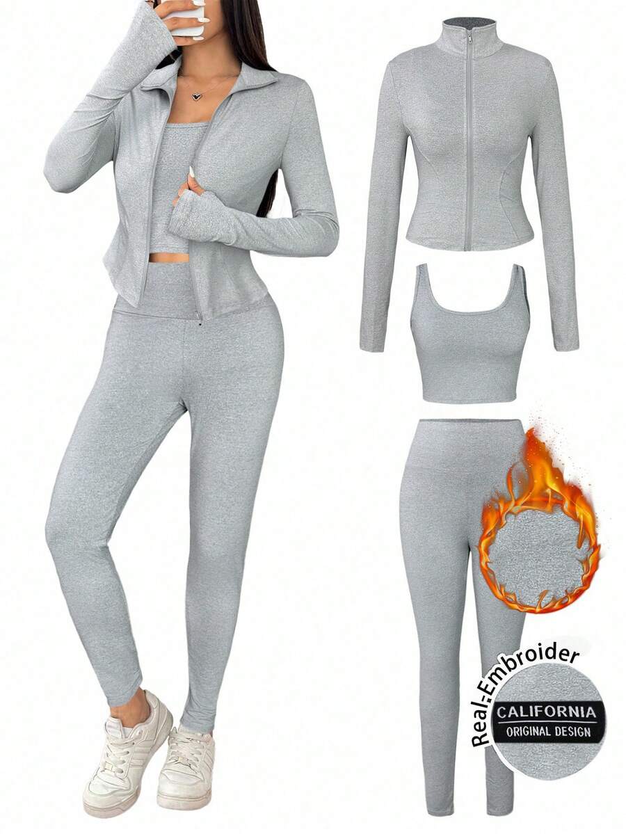 SHEIN EZwear 3件組女款針織純色極簡長袖上衣與長褲運動套裝 灰色 2件套休閒套裝 女款居家套裝 - 灰色 - 查看 1