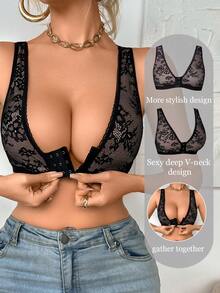 DesireSculpt 1 Áo ngực không dây ren cài trước cho nữ - màu đen - Xem 1
