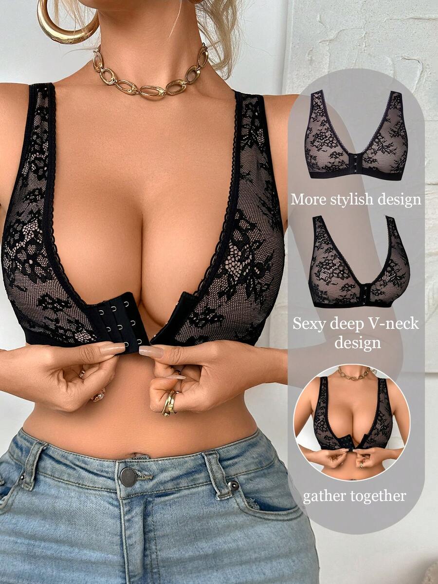 DesireSculpt 1 Áo ngực không dây ren cài trước cho nữ - màu đen - Xem 1