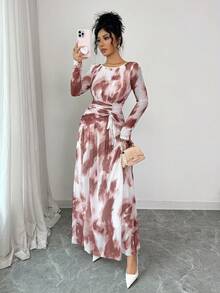 Rafferiza 女士优雅网纱扎染印花圆领褶皱腰部喇叭下摆长袖连衣裙 - 彩色 - 查看 7
