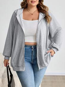 SHEIN CURVE+ 大码拉链插肩袖抽绳卫衣，秋季上衣，秋季女装/冬季 - 淺灰色 - 查看 3