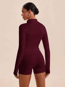 Conjunto deportivo mujer tela suave ajustada absorbe humedad chaqueta cremallera cuello alto pantalones cortos sin transparencia deportivo elegante Varios Colores Disponibles - Color caoba - Ver 2