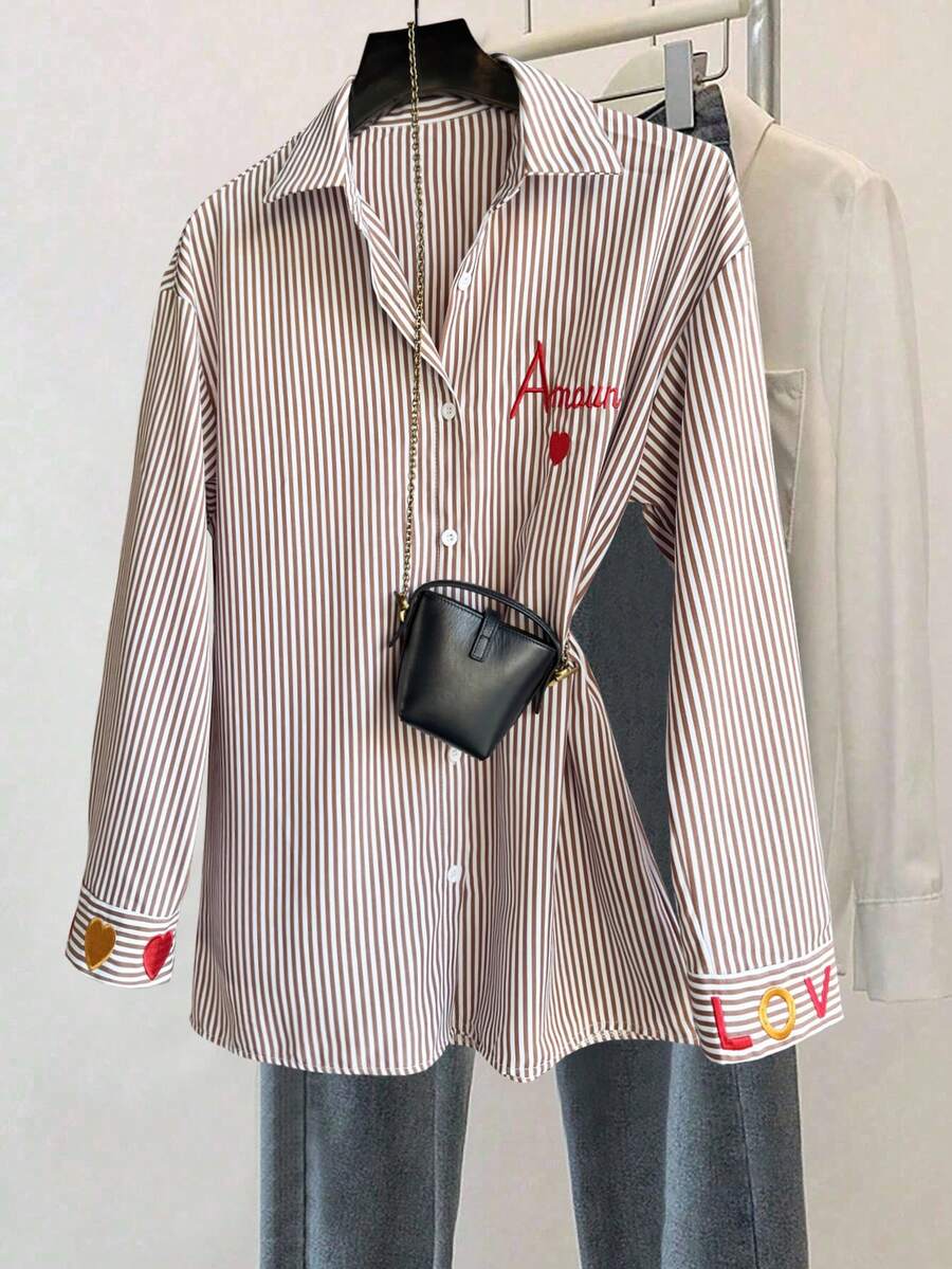 Franclia Classic Striped Long Sleeve Shirt, Delicate Embroidered Pattern, Loose & Comfortable Fit - Coffee Brown - View 1