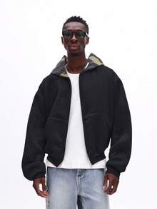 Áo hoodie SUMWON dáng rộng, khóa kéo toàn thân, lót mũ họa tiết rằn ri và túi trước, thích hợp cho phong cách đường phố mùa đông thường ngày. - màu đen - Xem 5