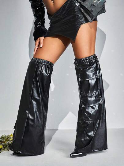 Women's Fashionable Boots With Pocket Decoration, Black Avant-garde Design