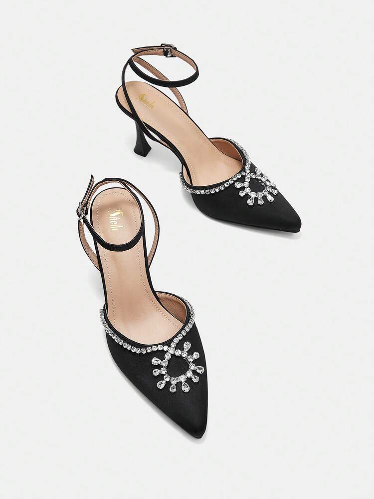 Rhinestone Decor Pointed Toe Ankle Strap Pumps