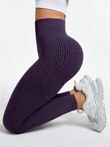 Slayform Women's Solid Color High Waist Ribbed Seamless Yoga Leggings,Quick-Drying Breathable Gym Pants For Pilates,Fitness & Sport - Bold Plum - View 8
