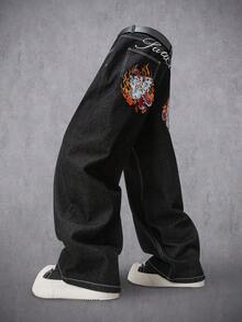 Manfinity Denimwave 男士街头时尚宽松牛仔裤，饰有豹纹玫瑰刺绣和字母图案，休闲百搭阔腿牛仔裤 - 黑色 - 查看 2