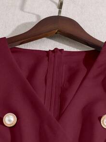 Qadelle Women's Elegant Vintage V-Neck Double-Breasted Long Sleeve Fitted Flared Hem Dress, Minimalist Chic For Daily Commute - Burgundy - View 3