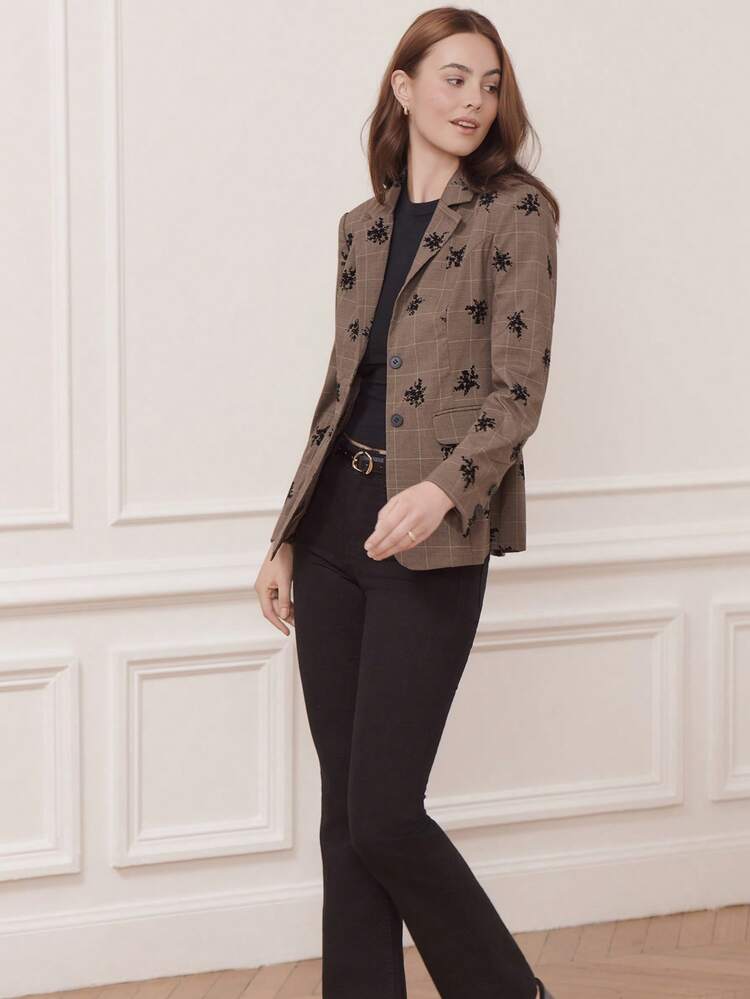 Brown Checked Tailored Blazer With Black Floral Patterns Chic Spring Summer Brown Jacket Business Casual Outfits