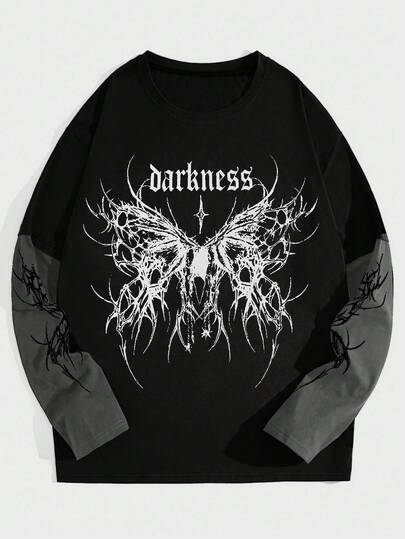 Goth قميص كاجوال بياقة طاقم وأكمام طويلة مطبوع عليه حرف