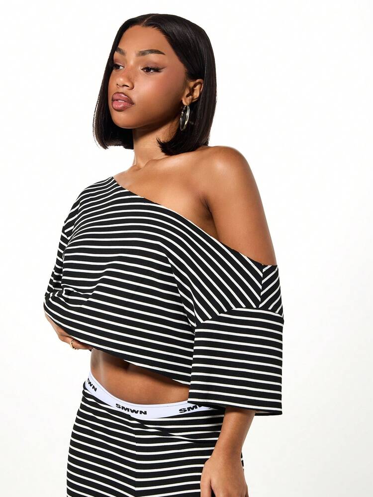SUMWON WOMEN Off Shoulder Striped Lounge Top With Wide Sleeves