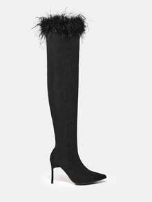 Botas de serraje falso de peluche & con diseño de lazo de punta con tacón delgado - Negro - Ver 4