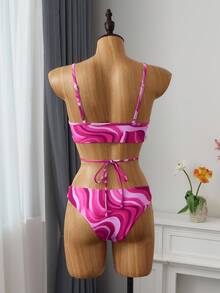 SHEIN Swim 女士夏季沙滩大理石纹印花性感比基尼套装，含罩衫和裙子