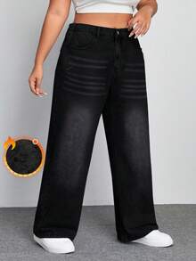 SHEIN ICON 大码女式休闲水洗直筒保暖牛仔裤 - 黑色 - 查看 5