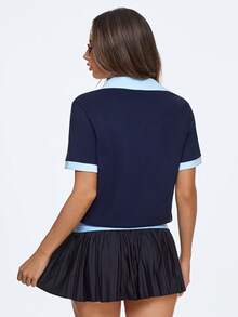 Eassivo Eassivo Women's Navy Blue And Light Blue Polo Shirt,Short Sleeve Zip Up Collar, Contrast Trim, Casual Preppy Style, Athletic Golf Tennis Top, Navy Blue Tops