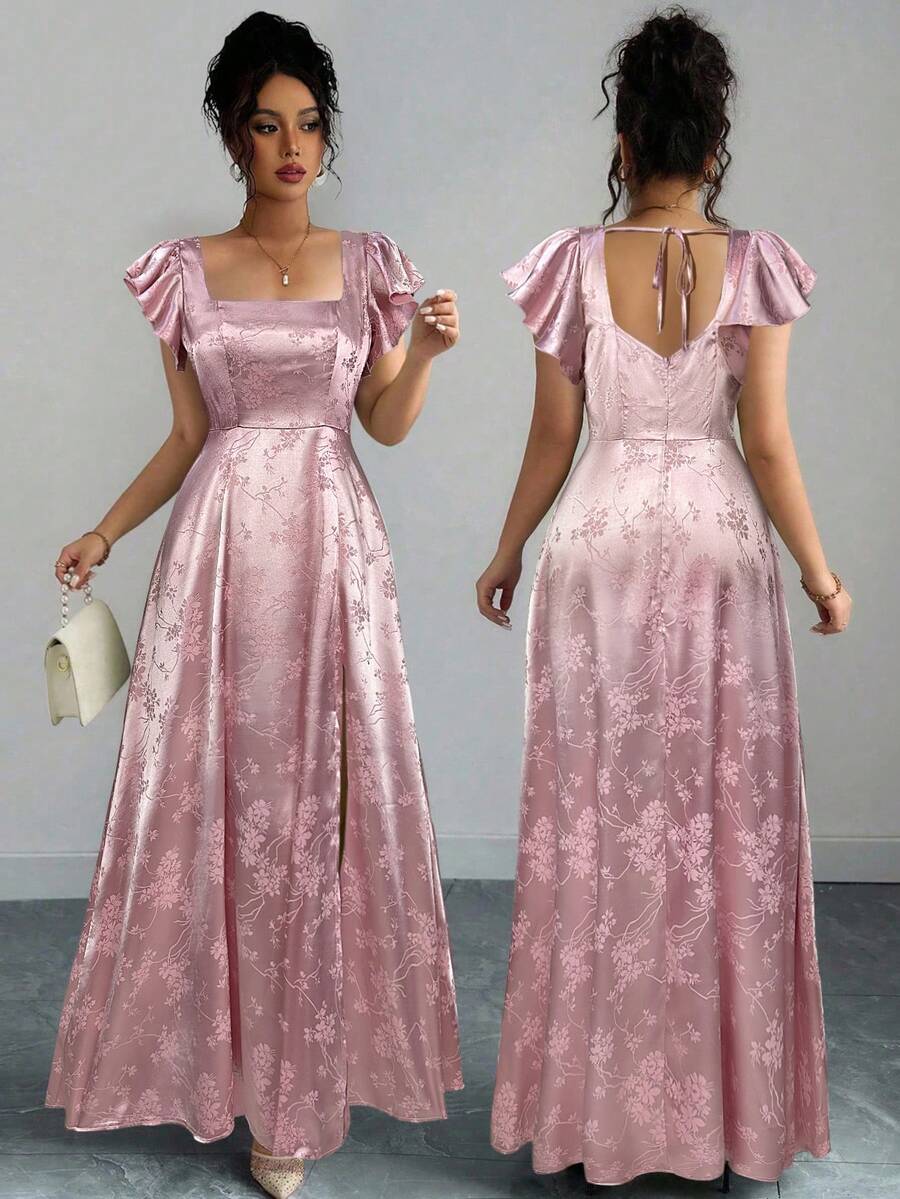 Elenzga 女士方领荷叶袖系带露背连衣裙，下摆开衩，绿色提花面料，适合伴娘、舞会、毕业典礼、通勤等场合，舒适时尚，高性价比 - 粉色 - 查看 1