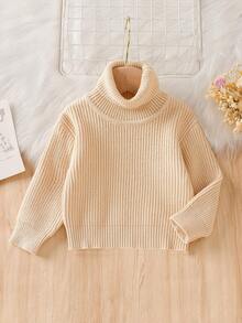 SHEIN Vintaside Kids 女婴休闲百搭高领纯色毛衣，秋冬季 - 杏色 - 查看 4
