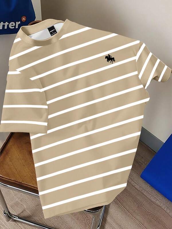 Claim Dot Unisex Classic Khaki Striped Horse Icon Print Casual T-Shirt, Fashion Classic Striped Print T-Shirt