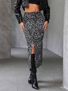 SHEIN Essnce Women's High Waist Leopard Print Slit Hem Pencil Denim Skirt - Black - View 12