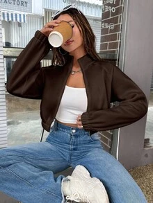 SHEIN Unity Chaqueta casual con cremallera de unicolor combinable - Café integral - Ver 4
