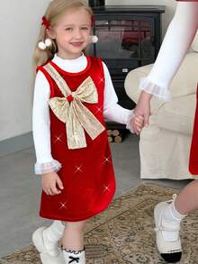 Glamorique Kids Young Girls Christmas Princess Elegant Dress Set,White Turtleneck Knit Sweater With Ruffle Cuffs,Gold Sequin Bow Pinafore,Autumn,7th Birthday Outfit - Red - View 8