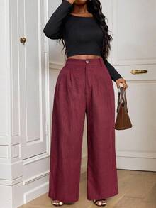 SHEIN PETITE CURVE Quần tây ống đứng kẻ caro dáng vintage cỡ lớn, thích hợp cho mùa thu đông, lễ tốt nghiệp, tựu trường, hoặc dành cho nữ giáo viên. - Màu Đỏ Sâu - Xem 5