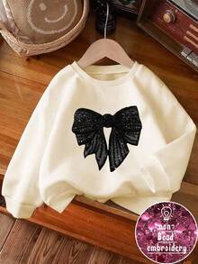 Tween Girls' Casual Fashion Comfortable Minimalist Versatile Bow Graphic Crew Neck All-Match Long Sleeve Sweatshirt, Autumn/Winter - Apricot - View 3