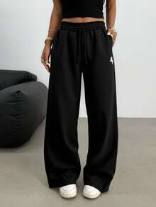 SHEIN 少女休闲宽松低腰弹力腰带阔腿运动裤，适合春、夏、秋、冬四季穿着。 - 黑色 - 查看 6