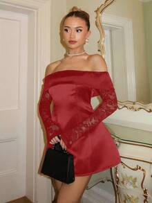 SHEIN Glamour 女款優雅露肩蕾絲拼接迷你緞面洋裝，酒紅色，適合秋季、生日派對、返校季、畢業舞會、聖誕深紅洋裝 - 紅色 - 查看 4