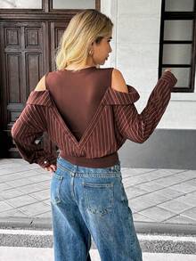 SHEIN Unity 2025秋冬新款露肩系领条纹短袖女式衬衫，咖啡棕色条纹百搭通勤风露肩短款上衣，适合户外、秋冬、户外通勤穿着。 - 咖啡棕 - 查看 2