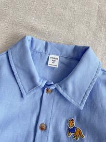 Joliand Joliand 2 pezzi Set di camicia a maniche lunghe con colletto azzurro chiaro e decorazione di cucciolo, e pantaloni blu navy, stile elegante scolastico casual urbano per ragazzi, adatto per uscite, raduni, ritorno a scuola, autunno/inverno - Multicolore - Visualizzare 4