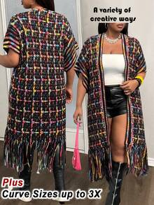 Slaydiva Áo khoác cardigan dệt kim dáng rộng tay ngắn kẻ sọc cánh dơi cỡ lớn cho nữ - Nhiều màu - Xem 14