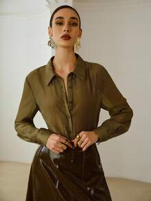 ZEYLAH Women's Solid Color Long Sleeve Single-Breasted Casual Loose Shirt - Army Green - View 7