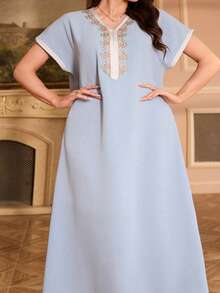 Al Najma Plus Size Elegant Dress With Embroidered Collar, Raglan Sleeves And Stand Collar
