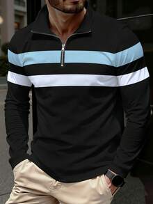 Manfinity Homme 男士撞色条纹拼接半拉链长袖 Polo 衫 男士休闲上衣 男士长袖夏季 T 恤 高品质 T 恤 Polo 衫 男士长袖橄榄球衫 - 彩色 - 查看 3