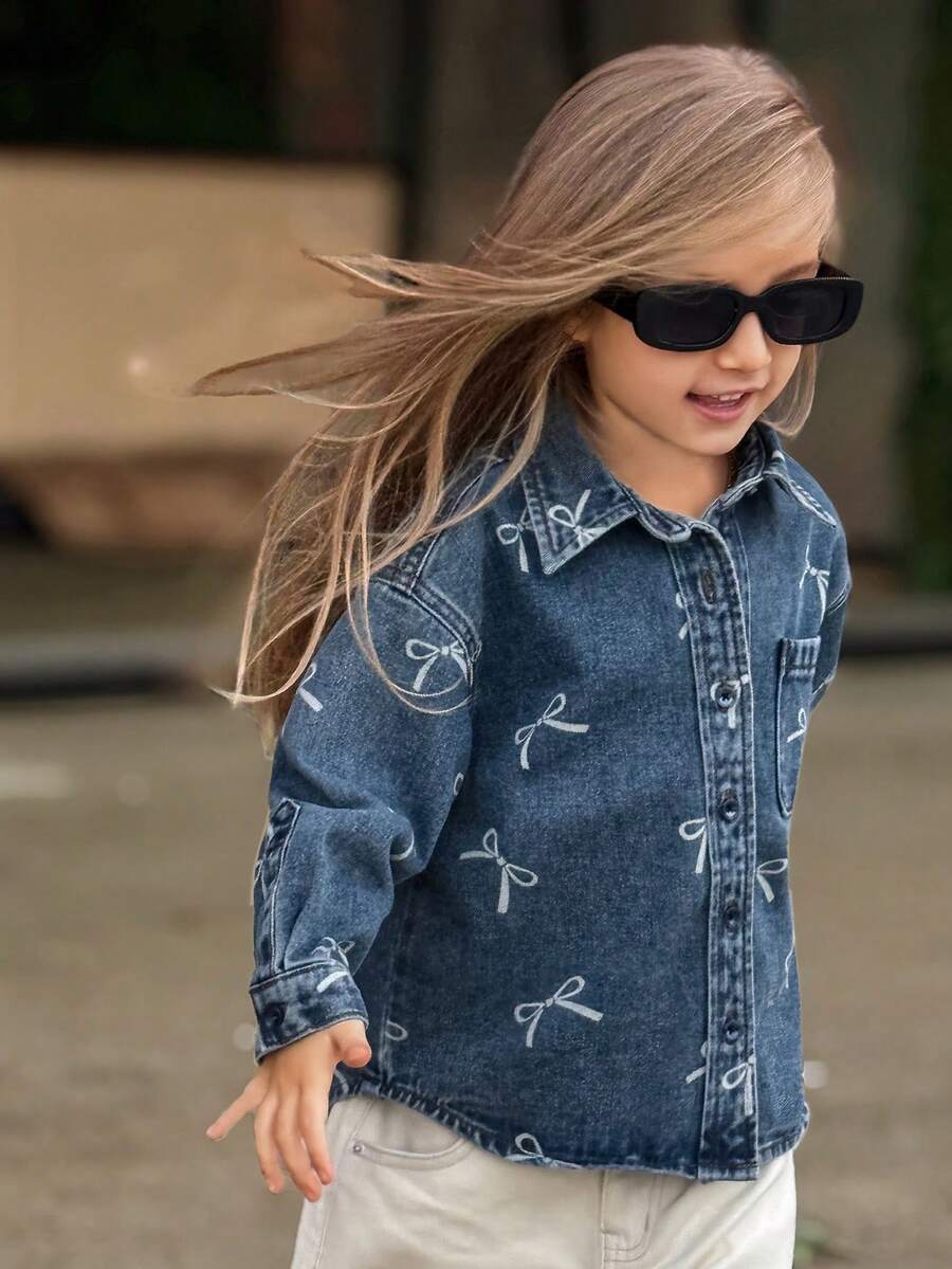 DAZY 女童蝴蝶结印花休闲韩版牛仔上衣