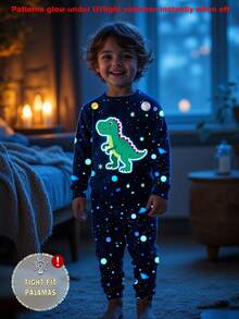 1 Set Young Boy Dinosaur Print Glow-In-The-Dark Star Pattern Tight Fit Long Sleeve Top And Pants Pajama Set, Autumn - White - View 4
