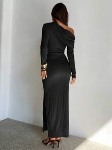 Aloruh Váy ôm dáng họa tiết lệch vai thanh lịch dành cho nữ - màu đen - Xem 2