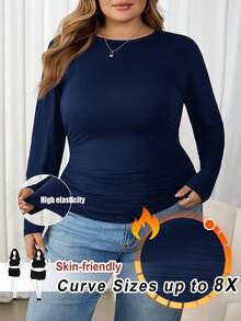 SHEIN CURVE+ Áo thun giữ nhiệt tay dài cổ tròn dày dặn cỡ lớn cho mùa đông, mặc thường ngày ngày lễ - Màu xanh hải quân - Xem 1